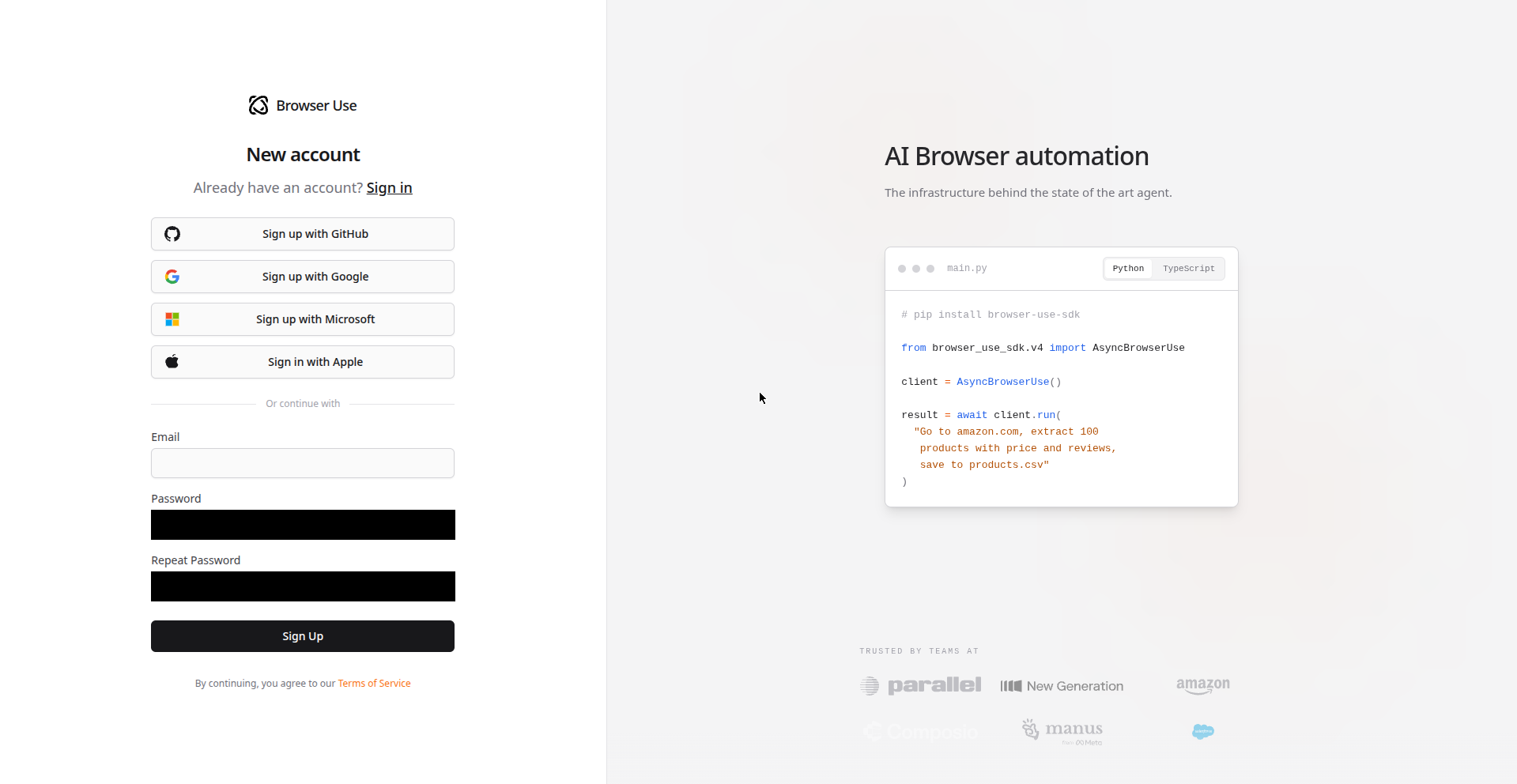 Browser Use 注册页，显示 GitHub、Google、Microsoft 和 Apple 快捷注册选项